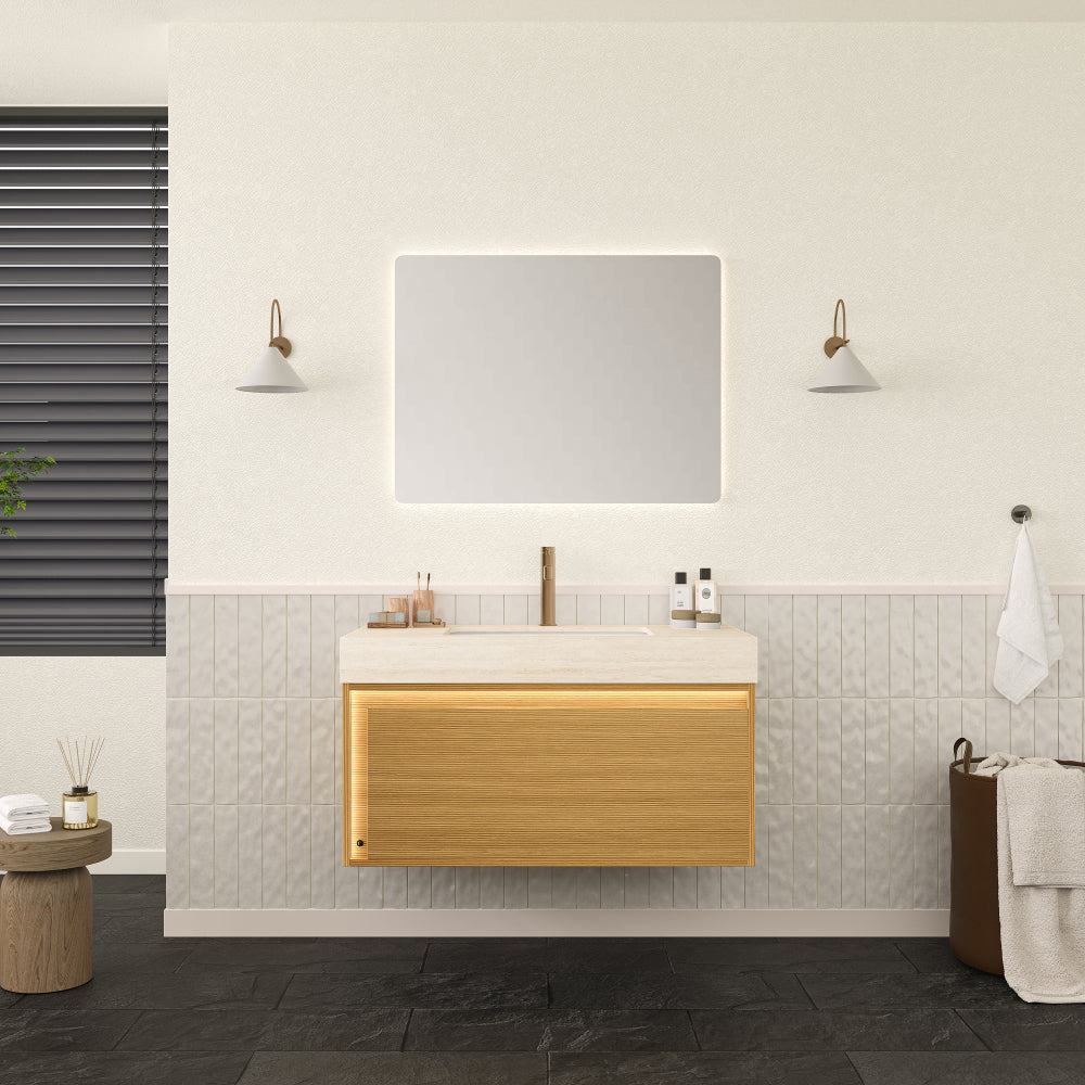 NYAH 36'' Bathroom Vanity&Sink, Floating Ultra-Slim Grille Plywood Storage Cabinet, Drawer, Sensor Light, Travertine-Pattern Sintered Stone Top&Ceramic Undermount Basin, Pre-assembled, Light Woodgrain