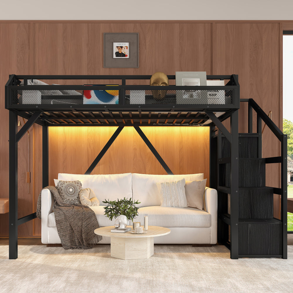 Full Loft Bed with Storage Stairs, Shelves and Built-in Wardrobe, Metal Loft Bed Frame with USB Ports and LED Lights, Noise-reduced Design, Black Woodgrain