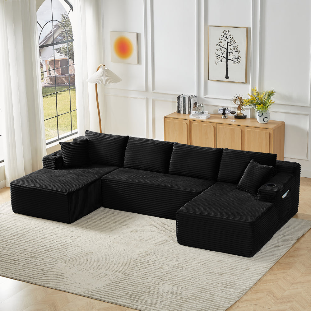 Compressible U-Shaped Sectional Sofa Set,Minimalist Style Modular Sectional Sofa, Corduroy Fabric Cloud Couch for Living Room
