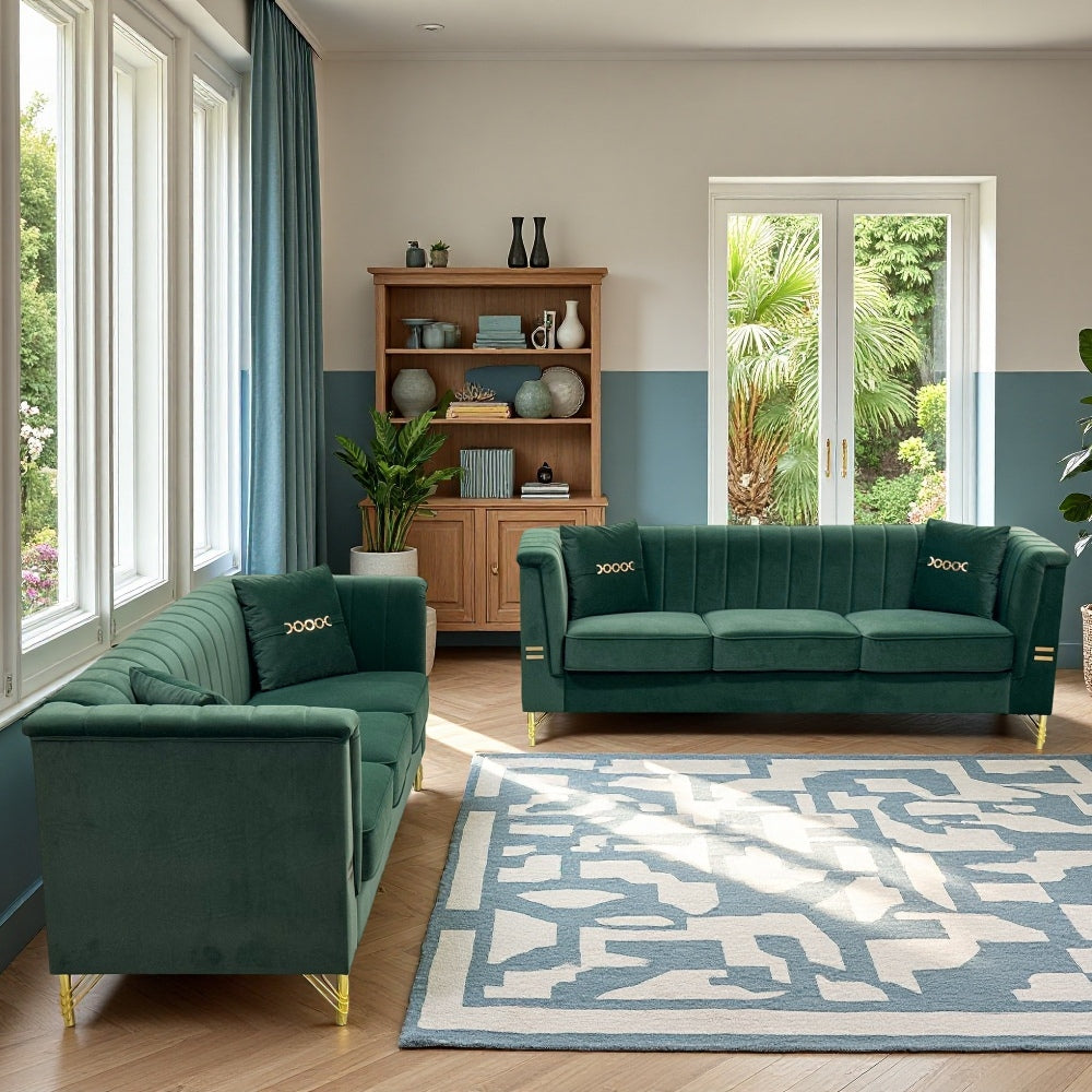 FX-P82-2PC SOFA -GR3  Green Velvet Sofa Set of 2, Two Modern 3-Seater Sofas with Plush Cushions & Gold-Tone Metal Legs  Stylish Living Room Couch Set for Homes, Apartments, and Guest Areas