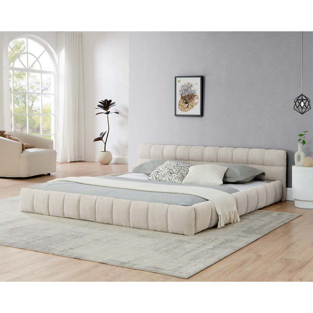 King size  Upholstered Bed Frame with Thick Fabric, Chenille Fabric Grounded Queen Size Platform Bed with Headboard and Solid Frame. No Box Spring Needed-Beige(88.5''*85.5''*24'')