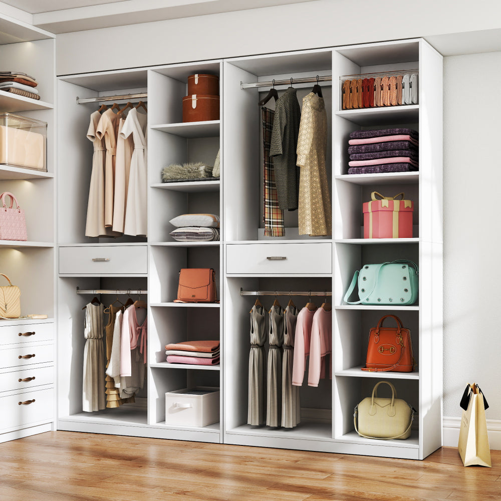Freestanding Closet System,  Stand-Alone Wardrobe with 6 open Shelves,74.8'' Heigh Closetwith 1 Wood Drawers, Wood Walk-in Closet with 2 Hanging Rod, White
