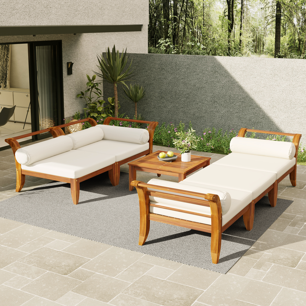 TOPMAX 6 Piece Patio Sofa Set, Acacia Wood Outdoor Modular Sectional Garden Furniture Set L-Shaped Conversation Set, Convertible Daybed with Tea Table, Ottoman, 5 Cushions and Pillows, Teak+Beige