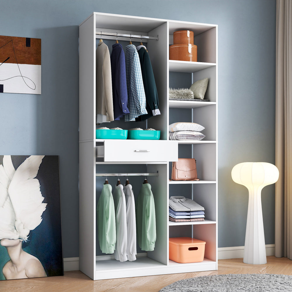 Freestanding Closet System,  Stand-Alone Wardrobe with 6 open Shelves,74.8'' Heigh Closetwith 1 Wood Drawers, Wood Walk-in Closet with 2 Hanging Rod, White