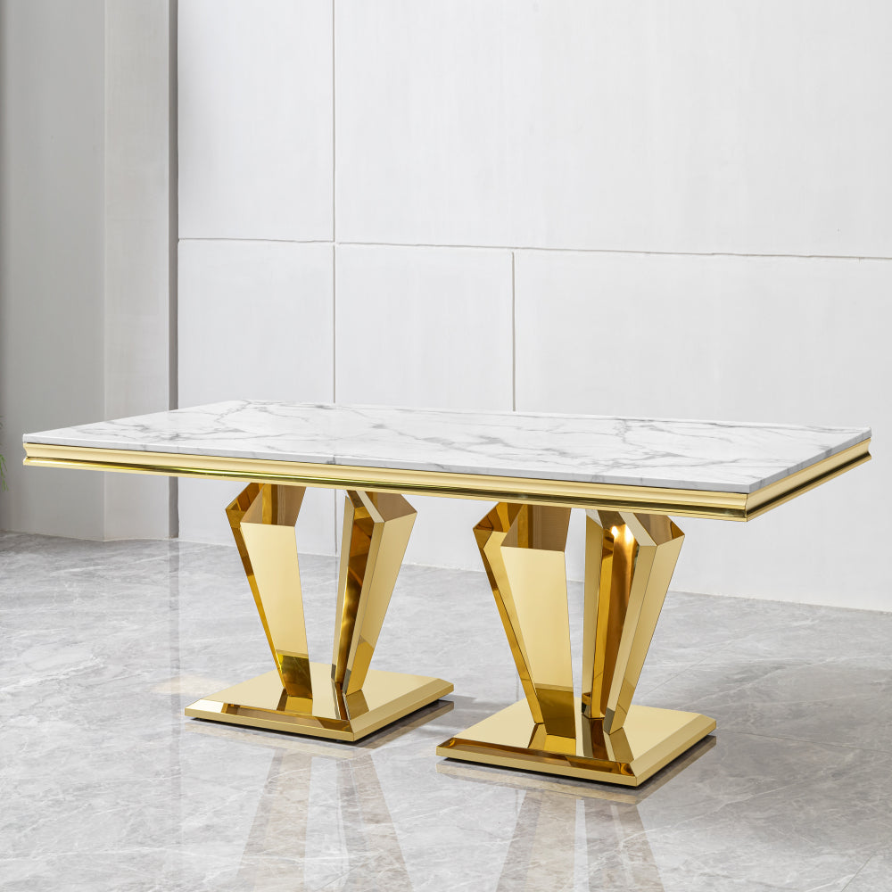 MDF Marble Top Dining Table Rectangular 70.07" L x 34.64" W x 29.92" H Gold Polished Stainless Steel Base
