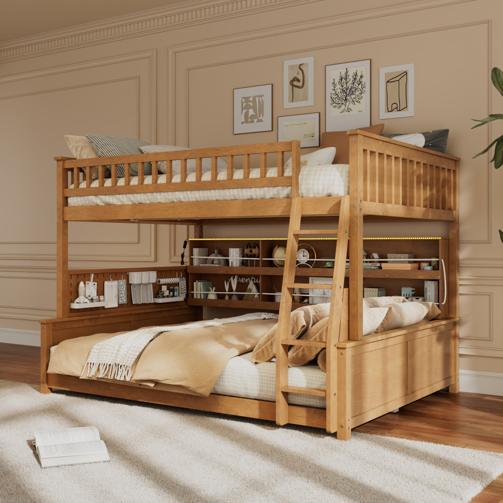 Twin XL over Queen Bunk Bed with Integrated Shelving, Color-Changing Lights and Pegboard, Beige