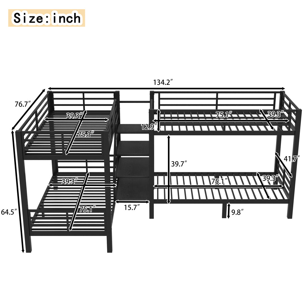 Twin L-Shaped Metal Bunk Bed with Storage Shelves and High-Quality safety Guardrail,Space-Saving,Black.