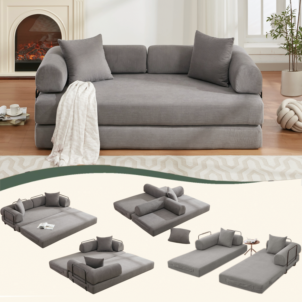 [NEW ARRIVED] [VIDEO PROVIDED] 78.5" Folding Convertible Out Sleeper Sofa Bed,5-in-1 DIY Combination Convertible  Sofa, 3 seat, Folding Sleeper Sofa, King Size , Bedroom,Apartment,Corduroy,Ancora Red