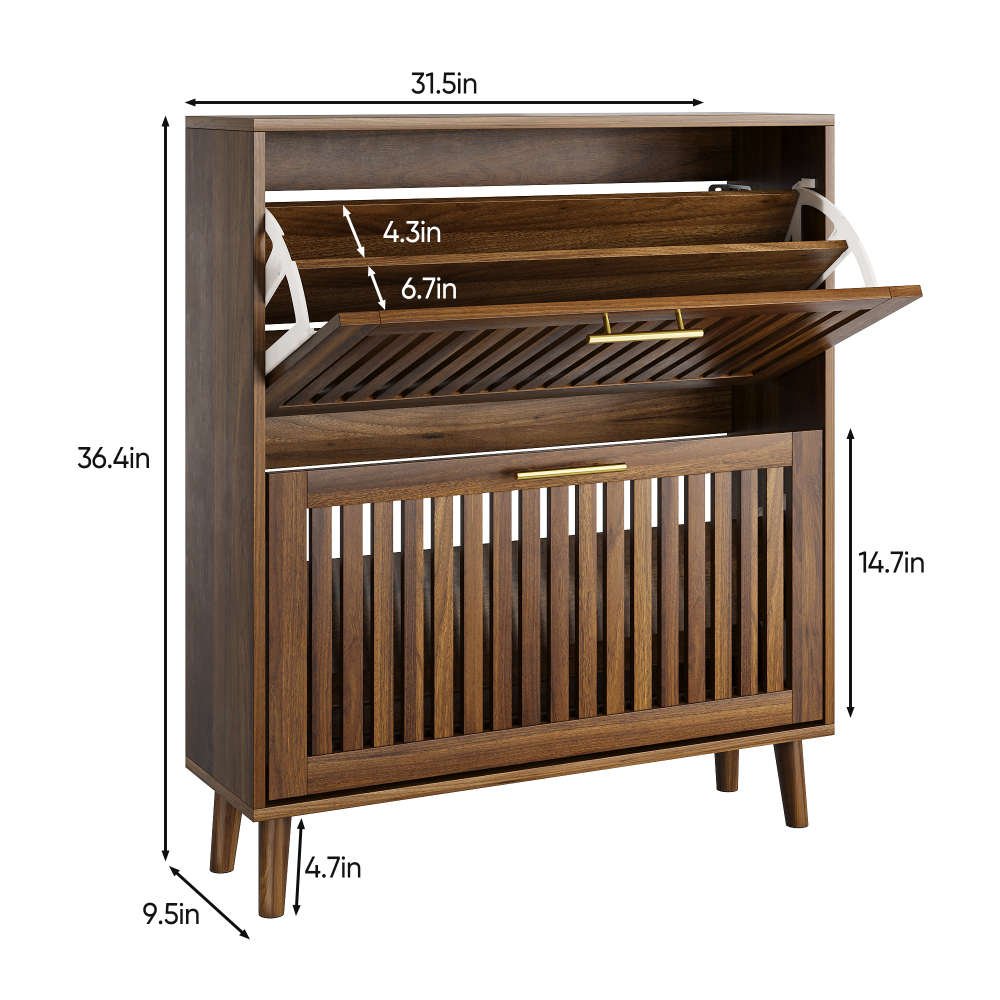 31.5-inch walnut shoe storage cabinet, medieval modern independent shoe cabinet, fence shoe cabinet with 2 flip drawers, suitable for corridors and entrances