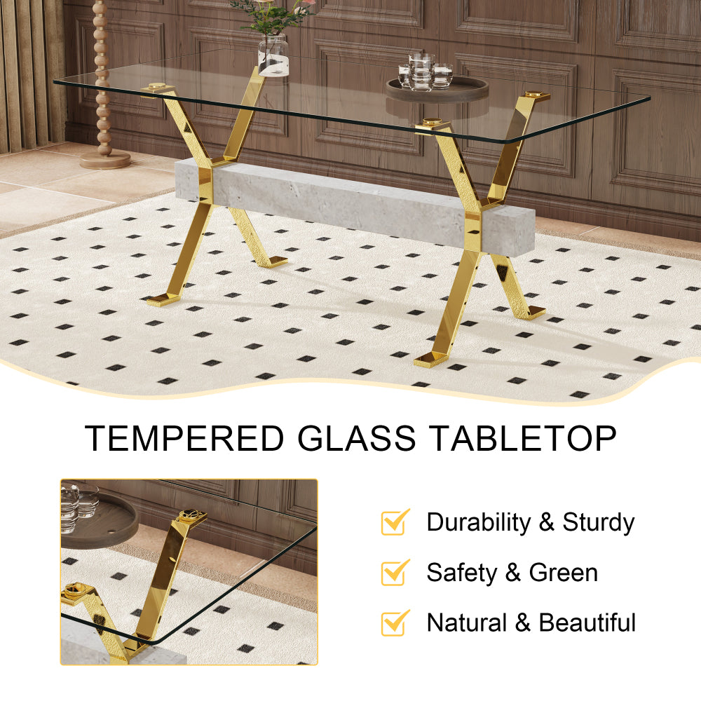 Modern tempered glass dining table. Large modern office desk with gold plated metal legs and gray MDF crossbars, suitable for both home and office use. Kitchen. 71 ''x35.4''x30 ''W1151S02350