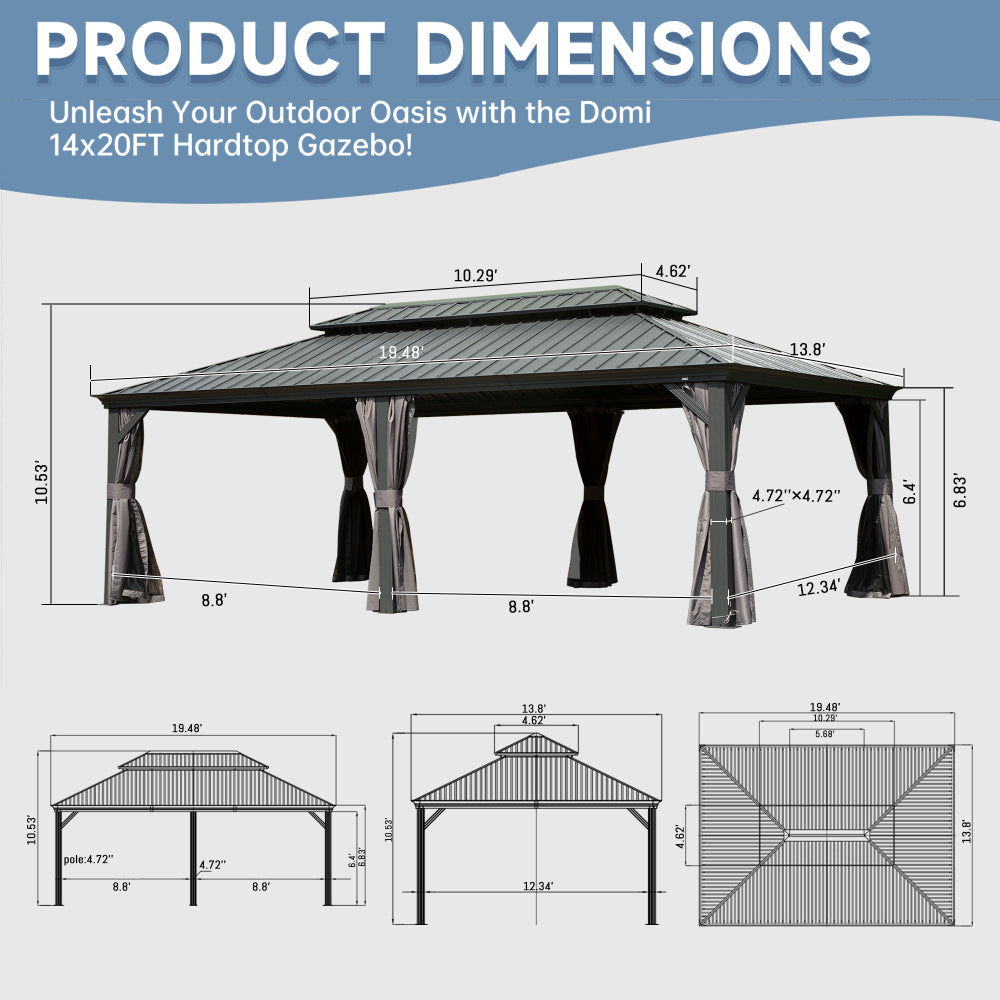 14' X 20' Hardtop Gazebo Outdoor Metal Gazebo Canopy with Galvanized Steel Double Roof, Aluminum Frame, Curtains and Netting for Patio, Deck, Garden, Grey