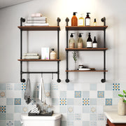 Industrial Pipe Shelf 3 Tier and 2 Tier Wall Mounted Shelves  36in Wood Display Shelves, and 3 additional hooks,Farmhouse Kitchen Bar Shelf, DIY Bookshelf Unit Hanging Wall Shelves for Bedroom...