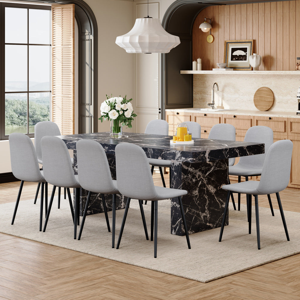 Table and chair set.78.7"*39.4"*29.9"inches MDF Luxurious Black Marble Pattern Dining Table,With a 3.5-inch thick tabletop.Paired with 10 Light Gray Linen Fabric Chairs With Black Sturdy Metal Legs.