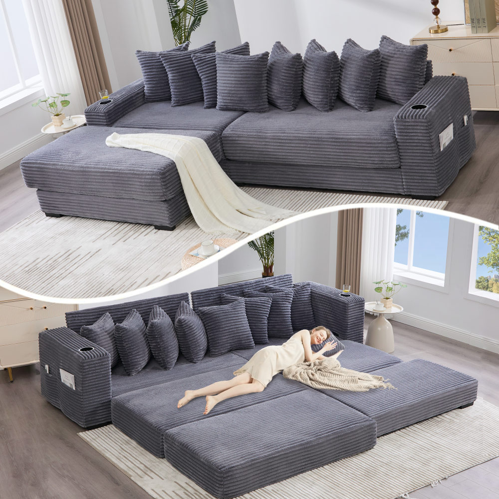[NEW ARRIVED] [VIDEO PROVIDED]   110.75" Modular L Shaped Sofa, Corduroy Fabric Sectional Couch,With a movable footstool, Cup Holders,Bring 8 throw pillows,Side Pocket,Unfold into a Bed,Orange
