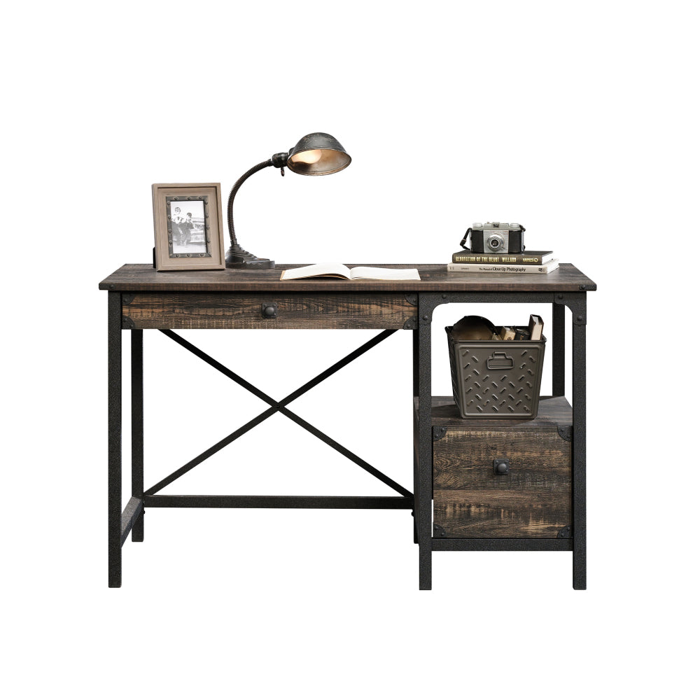 Steel River Desk, Industrial Office Desk with Two Drawers and Open Shelf - Carbon Oak Finish