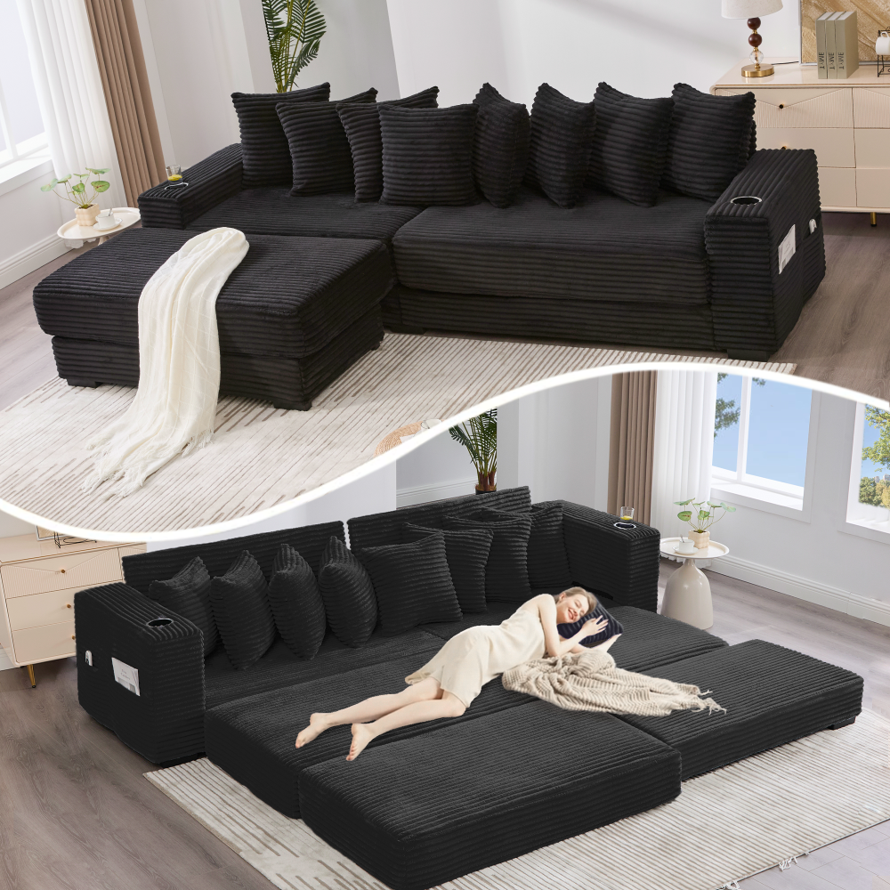[NEW ARRIVED] [VIDEO PROVIDED]   110.75" Modular L Shaped Sofa, Corduroy Fabric Sectional Couch,With a movable footstool, Cup Holders,Bring 8 throw pillows,Side Pocket,Unfold into a Bed,Orange