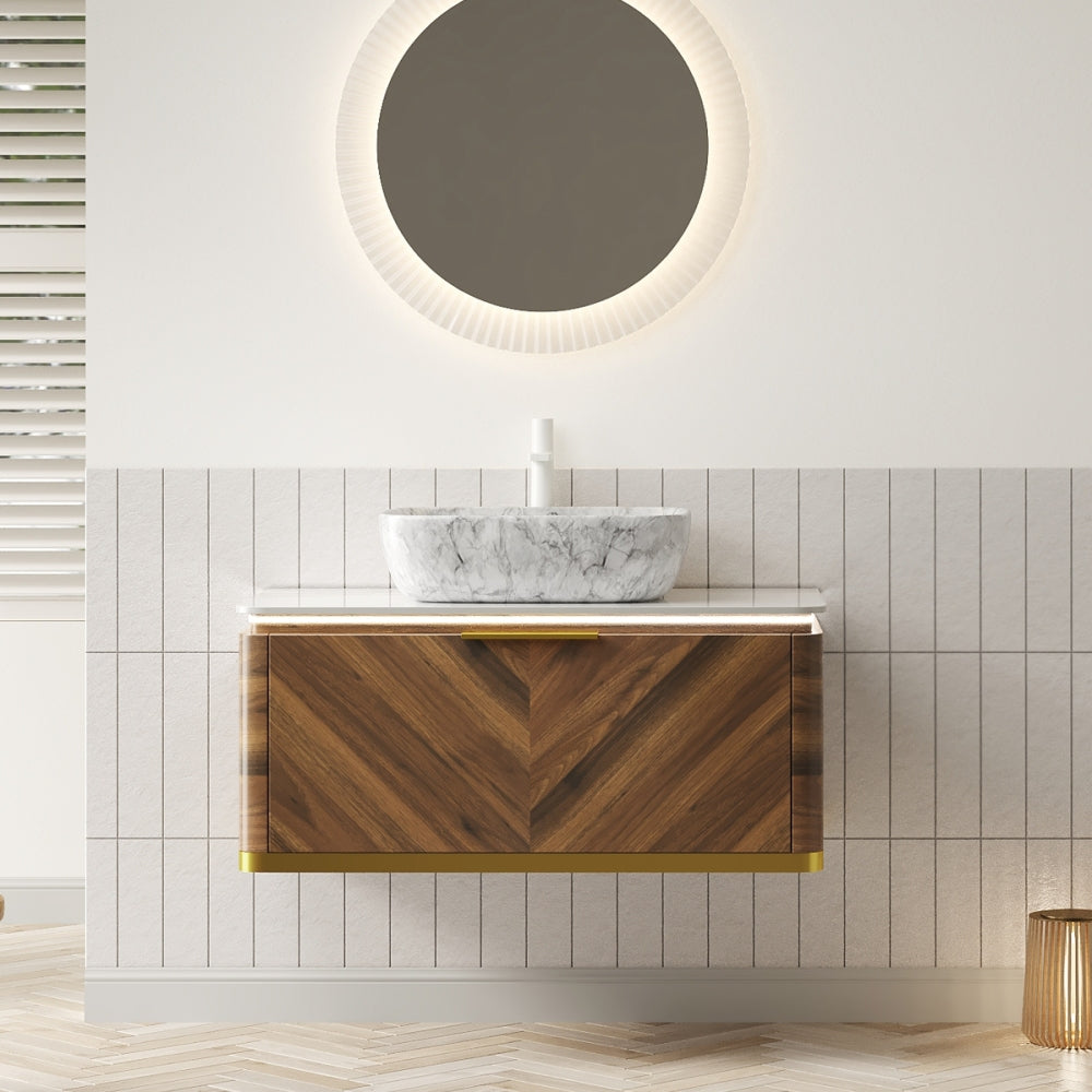 DIPA 36" Bathroom Vanity&Sink, Floating Plywood Storage Cabinet with Sensor Light, Drawer, Stone Pattern White Round Ceramic Vessel Basin&Sintered Stone Top, Pre-assembled, Dark Walnut Woodgrain Color