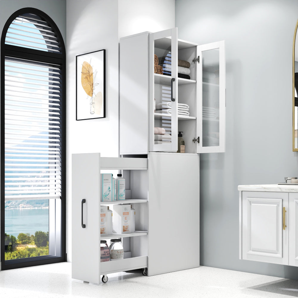 70.87" H Display Storage  Cabinet , 4-Tier Shelf, 3 Side Drawers , Modern Wooden Tall Bookshelf Bookcase for Living Room Home Office