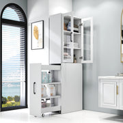 70.87" H Display Storage  Cabinet , 4 Tier multi-functional pull-out multi-tier storage shelf & 2 Glass Doors, Modern Wooden  Kitchen Pantry Cabinet for Living Room or Kitchen and Dinning Room