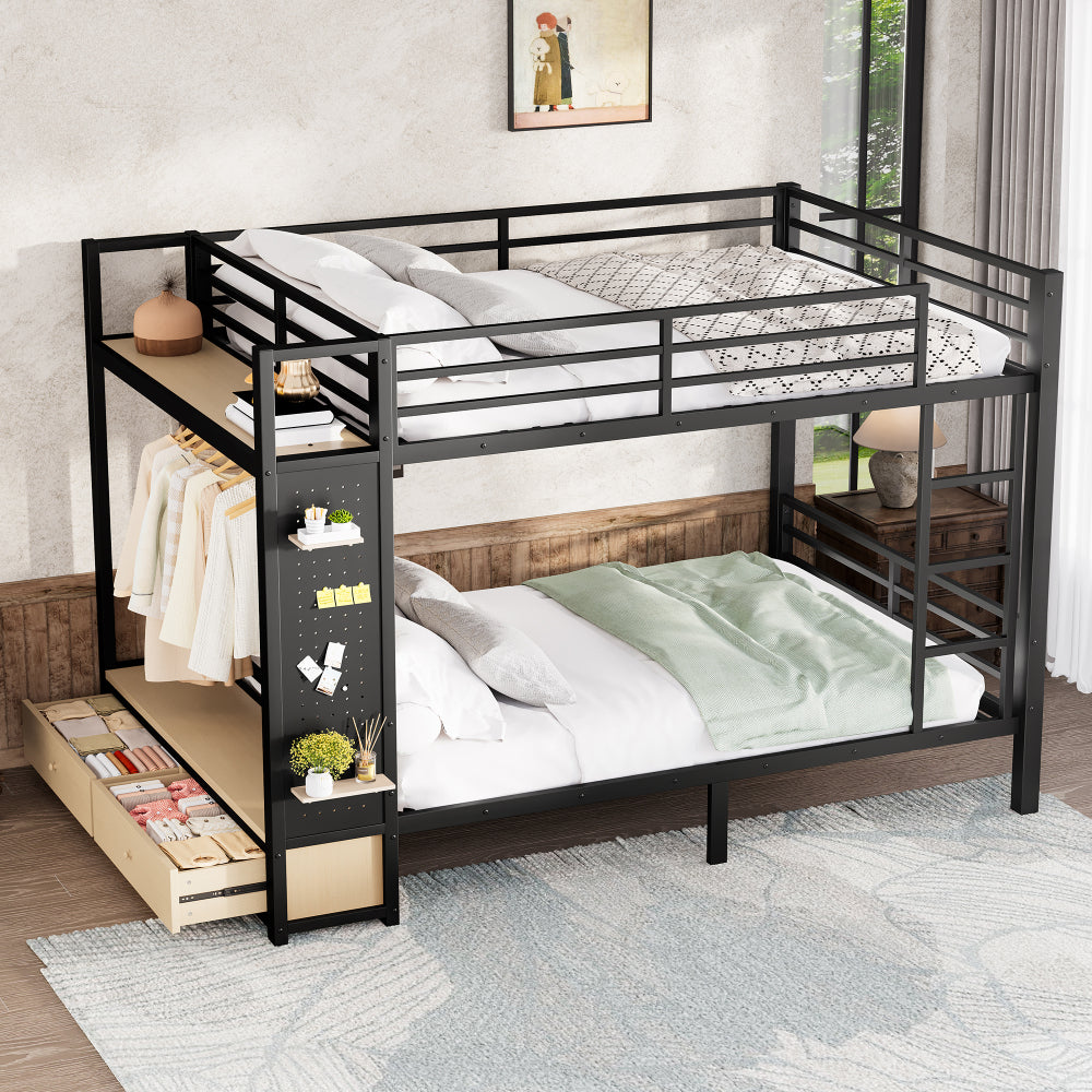 Queen over Queen size Metal Bunk Bed for Teens  with Storage Shelves ,Drawers and Pegboard,Black