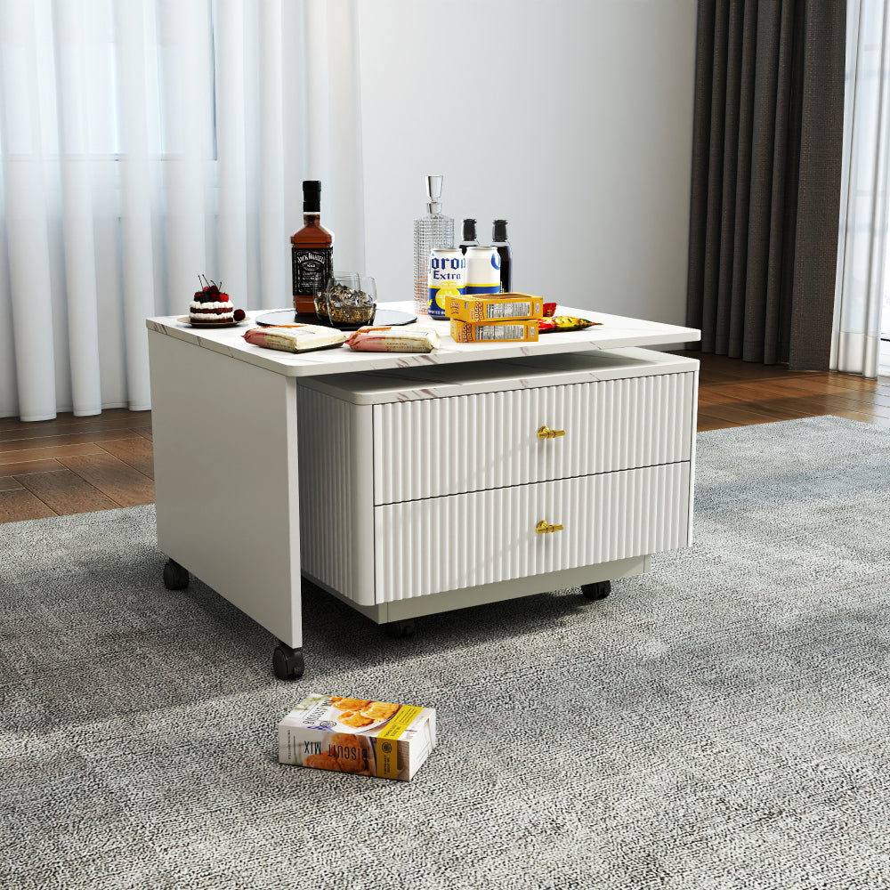 Extendable Coffee Table with Storage, Reversible Living Room Table with 2 Drawers and with 6 Wheels, White