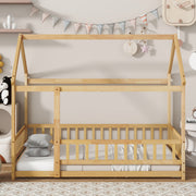 Twin Size House Floor Wooden Bed with Roof Frame,Safety Guardrails,Natural (Old Sku W504P286404)