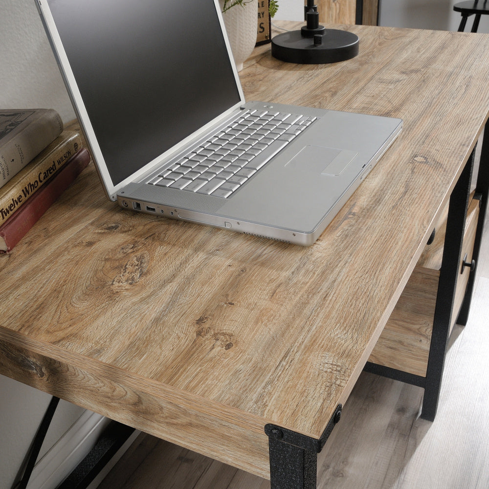 Sauder Steel River Rustic Industrial Metal & Wood Pedestal Desk with Storage Drawers and Open Shelf, Coated Metal and Milled Mesquite