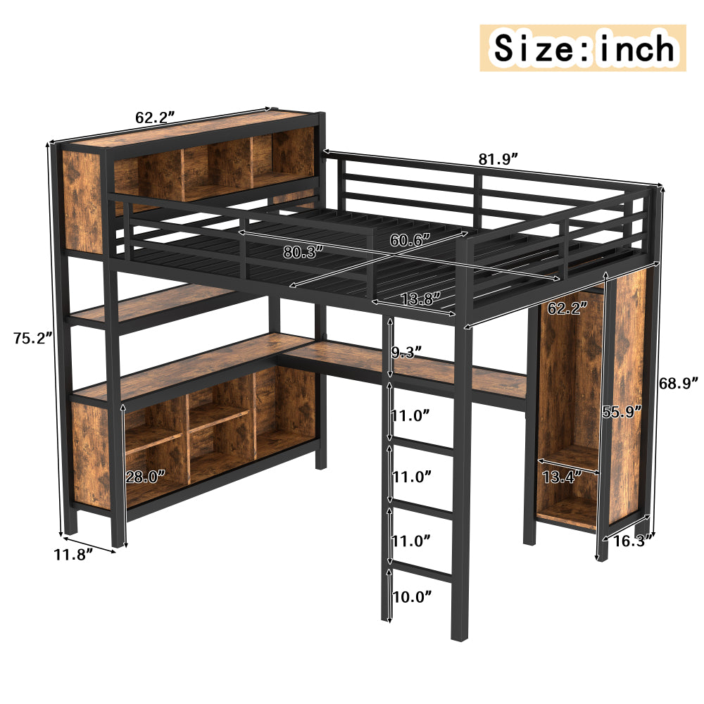 Metal Loft Bed with Wardrobe And L-shaped Desk, Queen Size Loft Bed with Storage Cubes and Shelves, Heavy Duty Loft Bed for Kids Teens Adults, Black Woodgrain