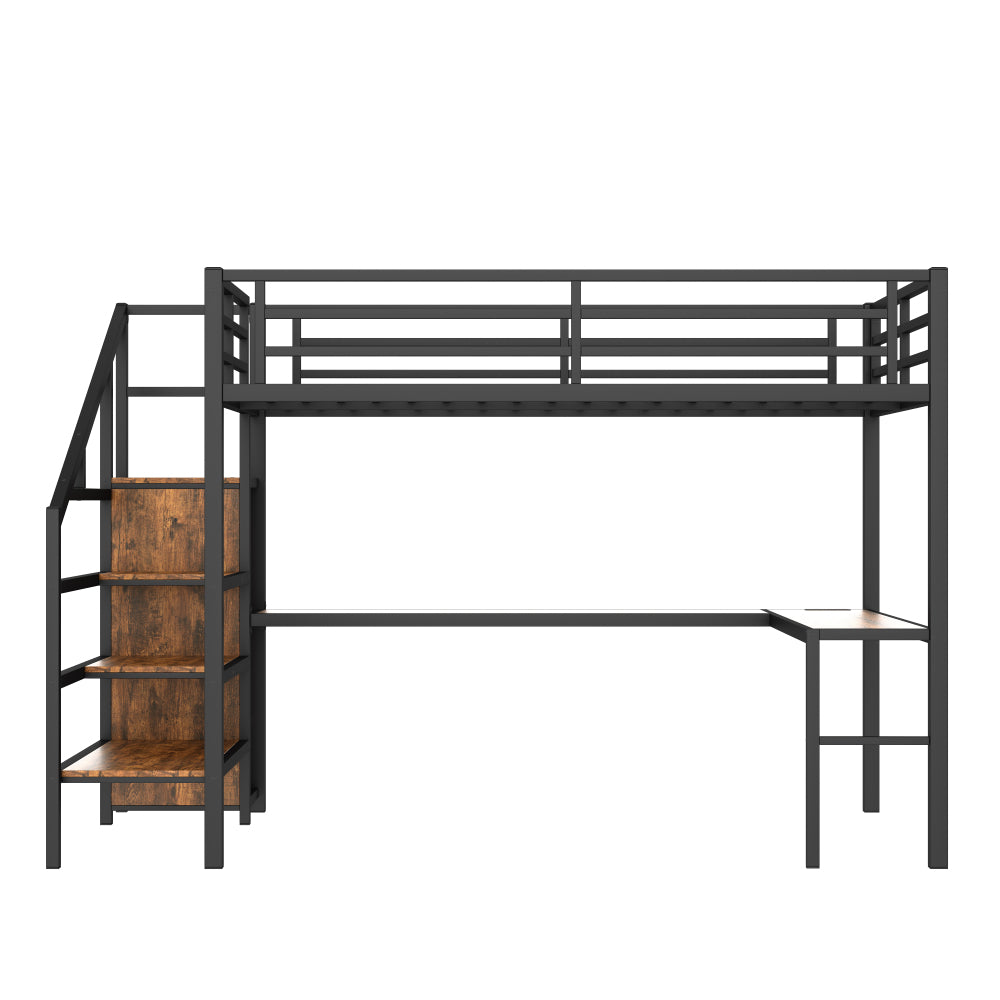 Queen Size Loft Bed with L-shaped Desk and USB, Metal Loft Bed with Wardrobe and Adjustable Shelf, High Loft Bed with LED for Kids Teens Adults, Wood-grain