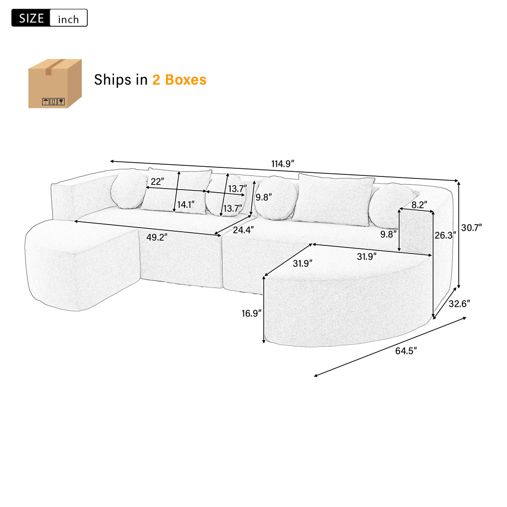 Boneless Couch Modular Sectional Sofa 114.9" Free-combined Sofa Couch Sofa Bed Compression Sofa with Deep Seating and Curved Design for Living Room, Black