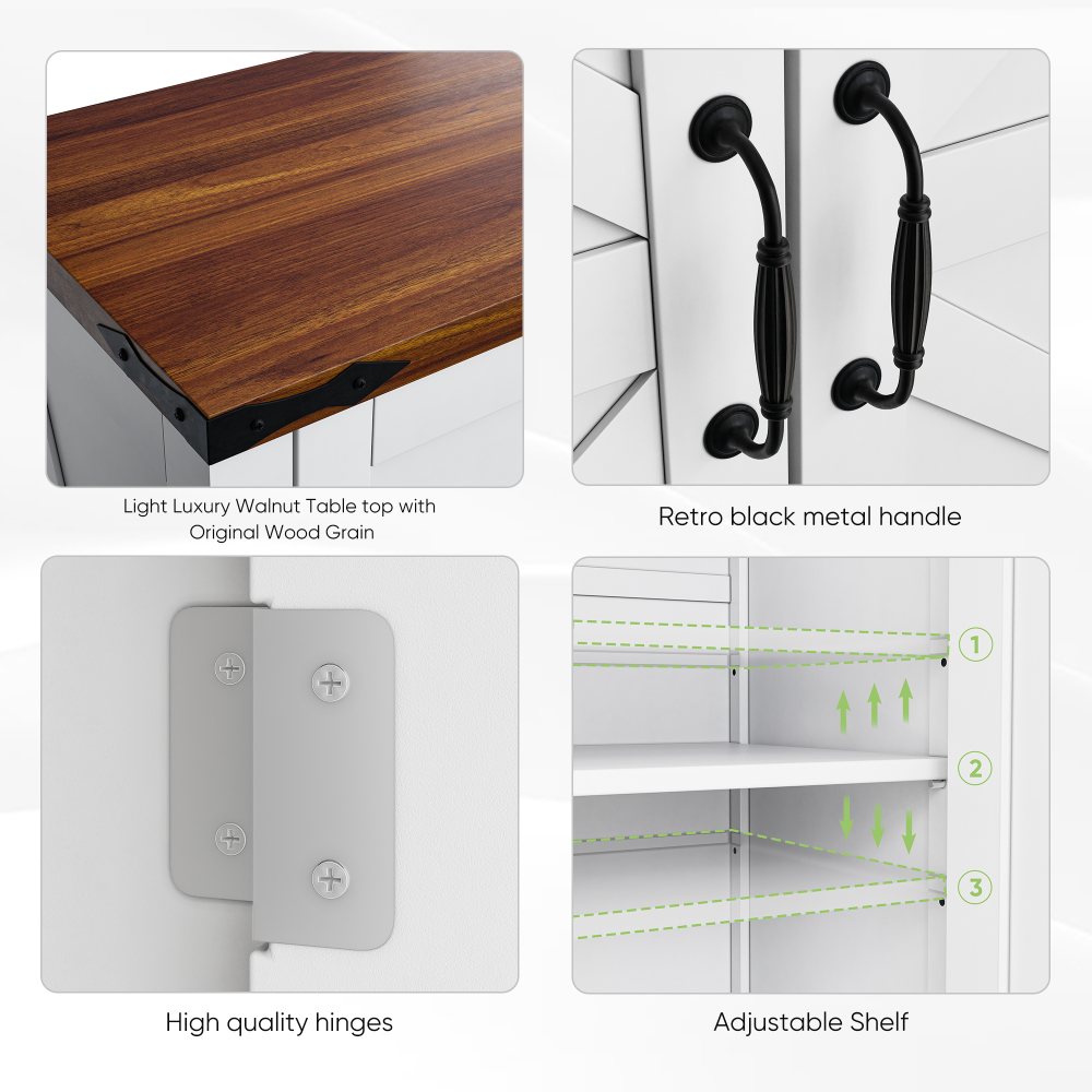 Farmhouse Storage Cabinet with Drawer and Adjustable Shelf, White Kitchen Cabinet with Walnut Countertop,  Modern Coffee Bar Console Cabinet for Kitchen, Dining Room, Bathroom, Entryway